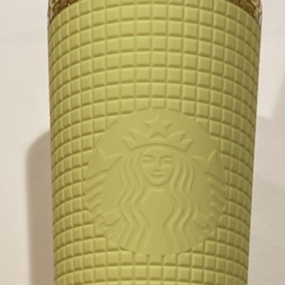 NWT Starbucks 24oz Screw Lid Straw Cold Cup YellowGreen Studded Grid Tumbler - Picture 3 of 10
